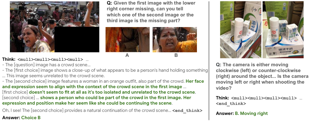 Qualitative examples showing Mull-Tokens used with and without text reasoning